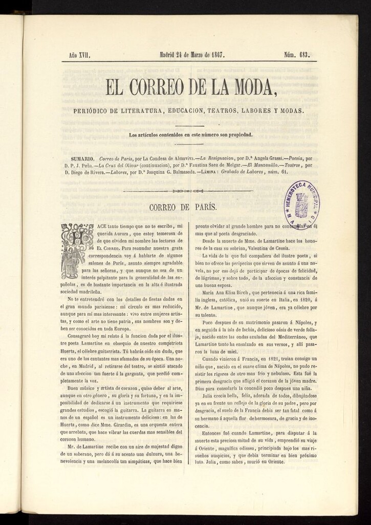 Miniatura de El Correo de la Moda: periódico del bello sexo del 24 de marzo de 1867