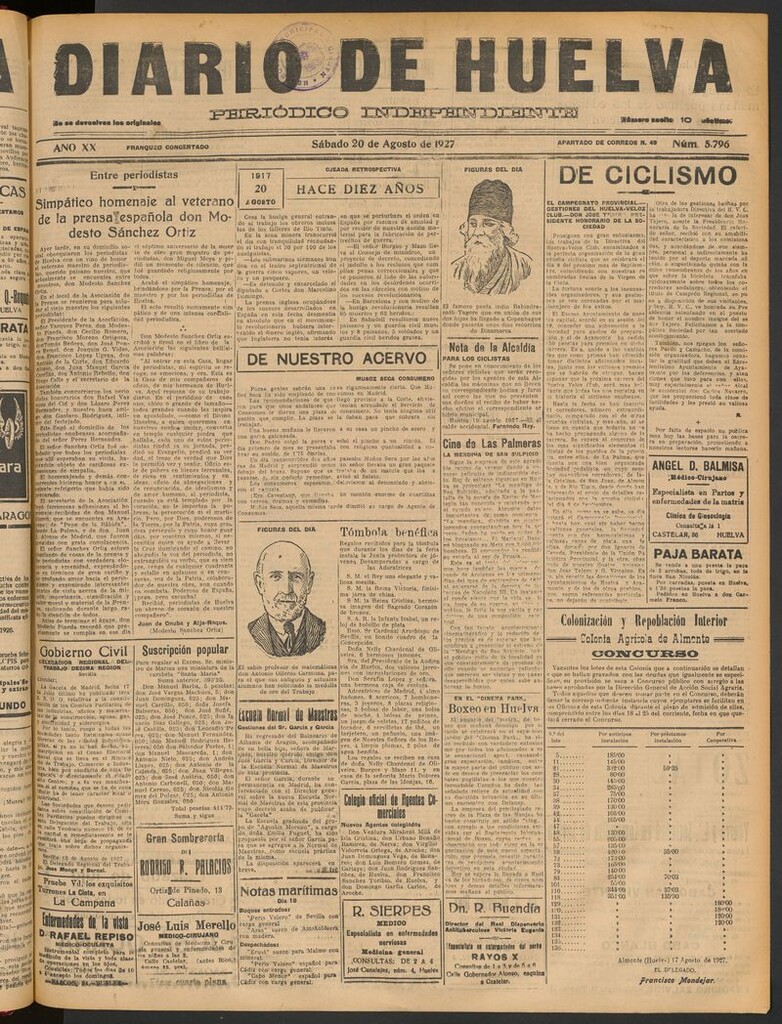 Miniatura de Diario de Huelva : periódico independiente del 20 de agosto de 1927