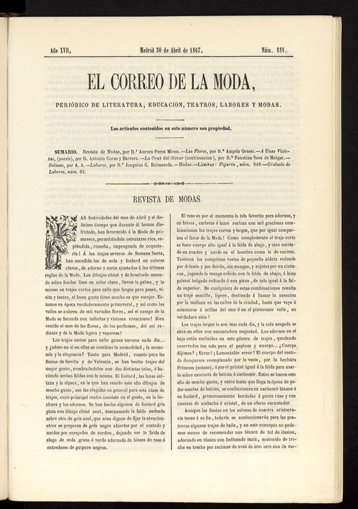 Miniatura de El Correo de la Moda: periódico del bello sexo del 30 de abril de 1867