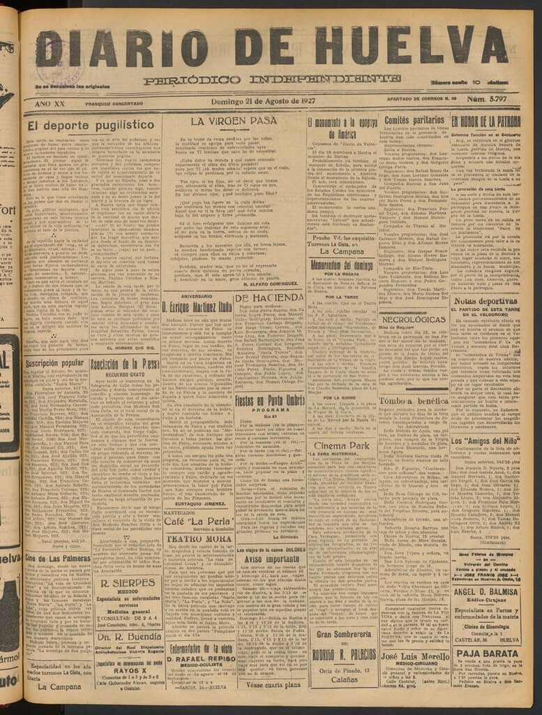 Miniatura de Diario de Huelva : periódico independiente del 21 de agosto de 1927