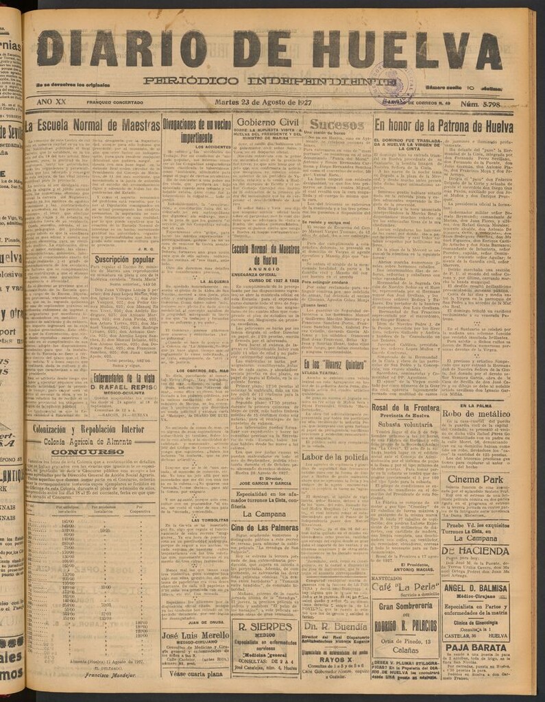 Miniatura de Diario de Huelva : periódico independiente del 23 de agosto de 1927