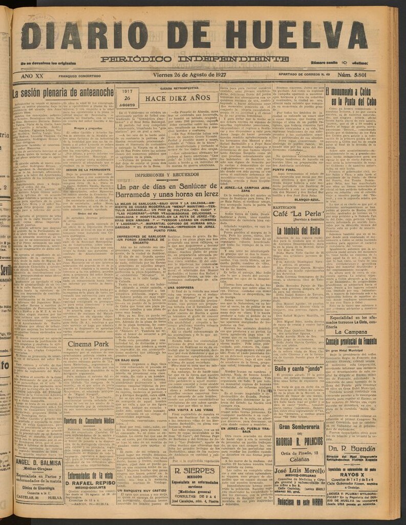 Miniatura de Diario de Huelva : periódico independiente del 26 de agosto de 1927