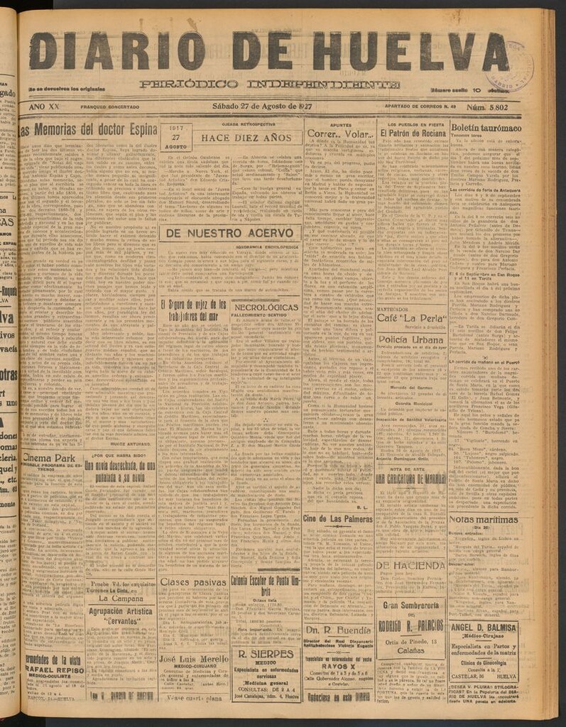 Miniatura de Diario de Huelva : periódico independiente del 27 de agosto de 1927