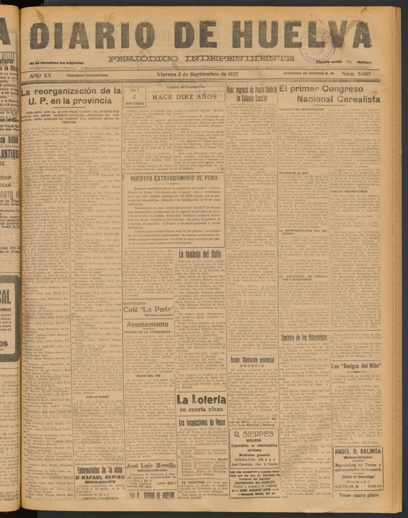 Miniatura de Diario de Huelva : periódico independiente del 2 de septiembre de 1927
