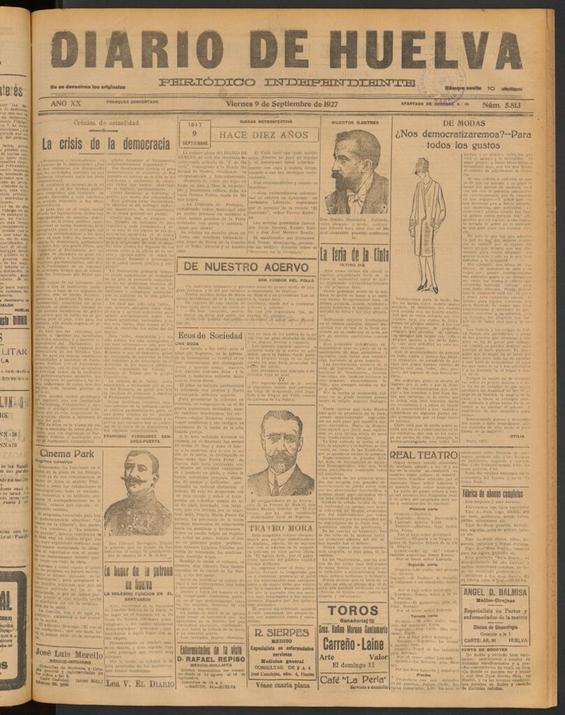 Miniatura de Diario de Huelva : periódico independiente del 9 de septiembre de 1927