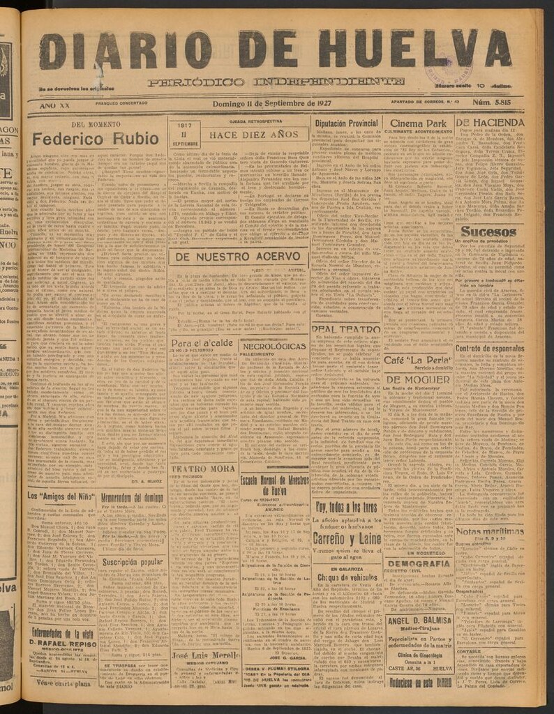 Miniatura de Diario de Huelva : periódico independiente del 11 de septiembre de 1927
