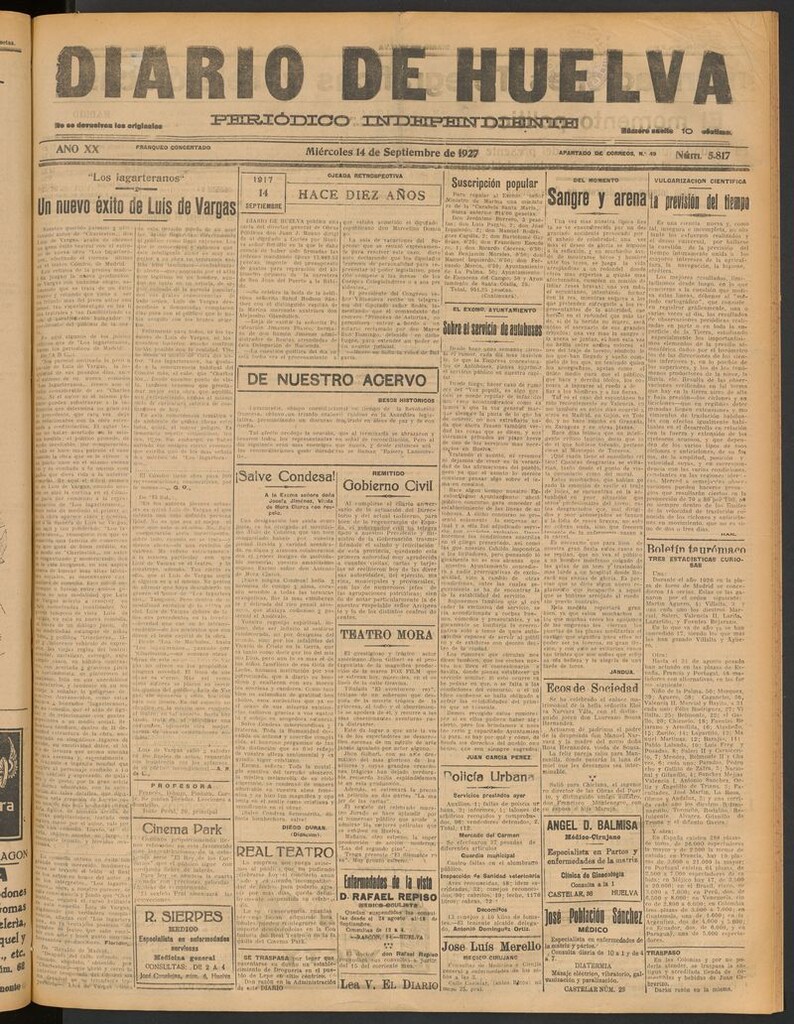 Miniatura de Diario de Huelva : periódico independiente del 14 de septiembre de 1927