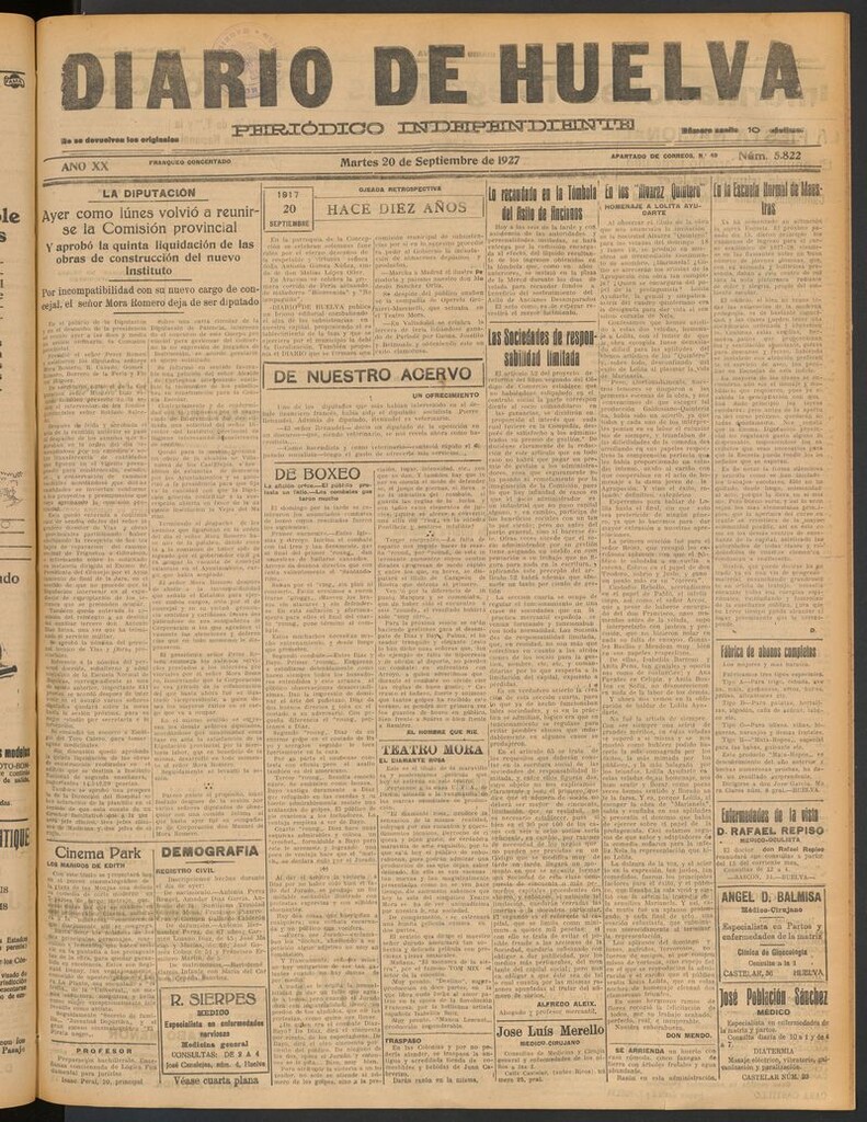 Miniatura de Diario de Huelva : periódico independiente del 20 de septiembre de 1927