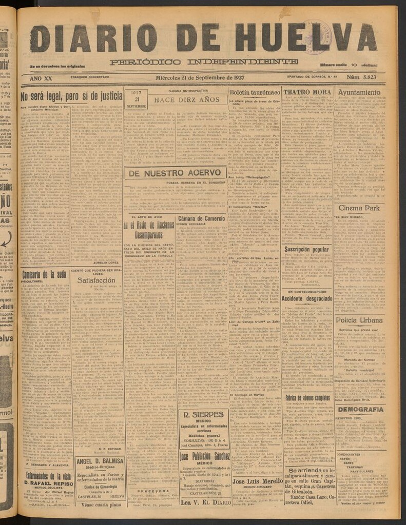 Miniatura de Diario de Huelva : periódico independiente del 21 de septiembre de 1927