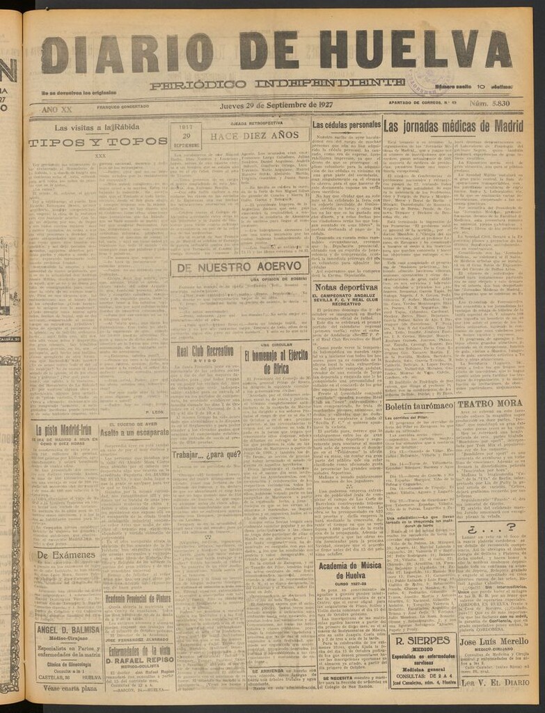 Miniatura de Diario de Huelva : periódico independiente del 29 de septiembre de 1927