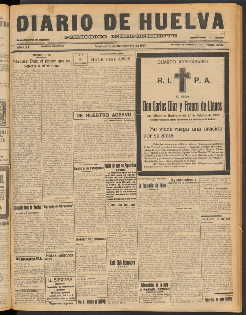 Miniatura de Diario de Huelva : periódico independiente del 30 de septiembre de 1927