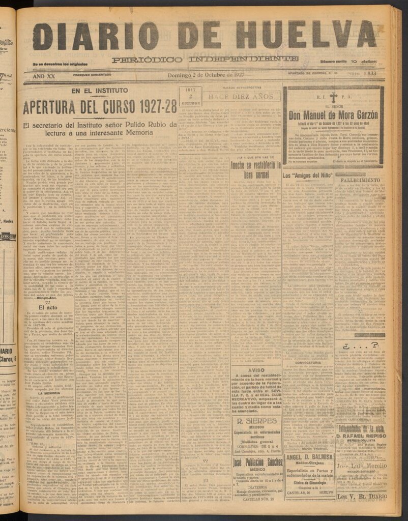 Miniatura de Diario de Huelva : periódico independiente del 2 de octubre de 1927