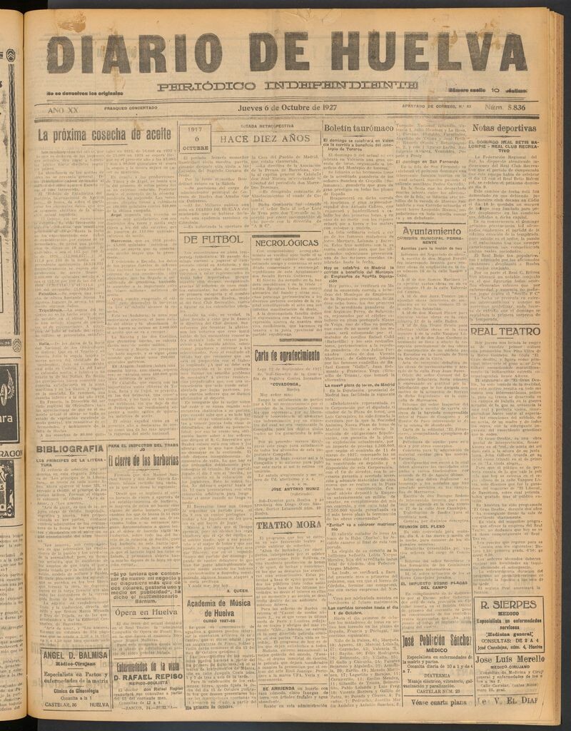 Miniatura de Diario de Huelva : periódico independiente del 6 de octubre de 1927