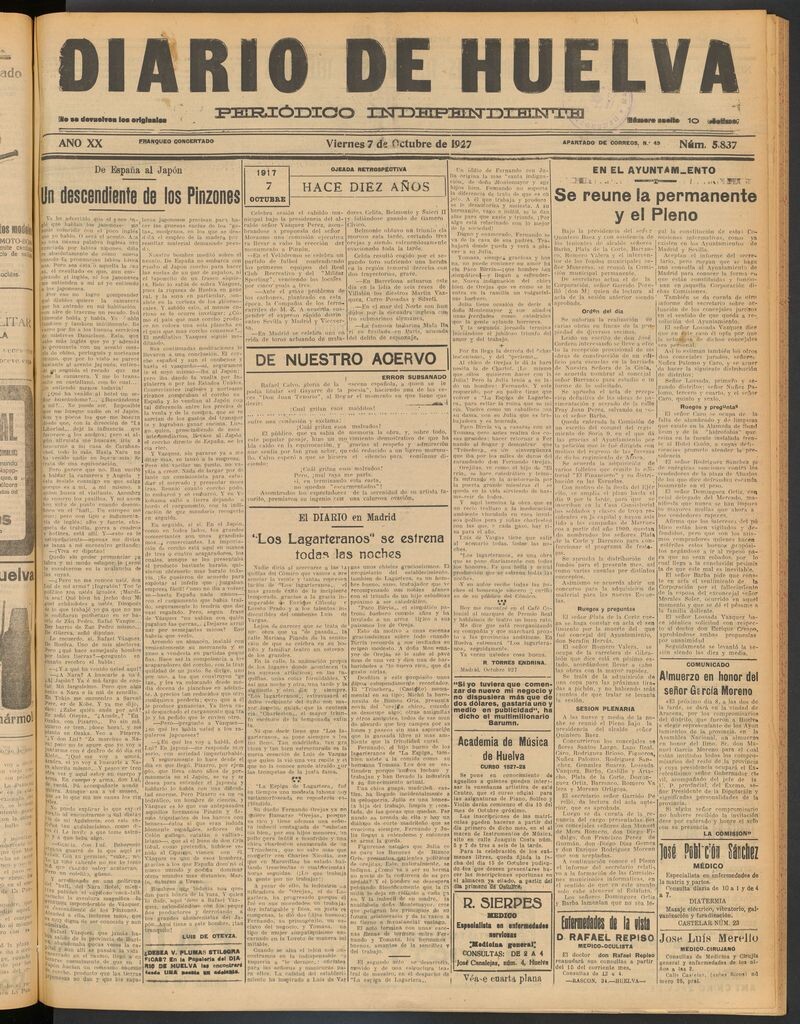 Miniatura de Diario de Huelva : periódico independiente del 7 de octubre de 1927
