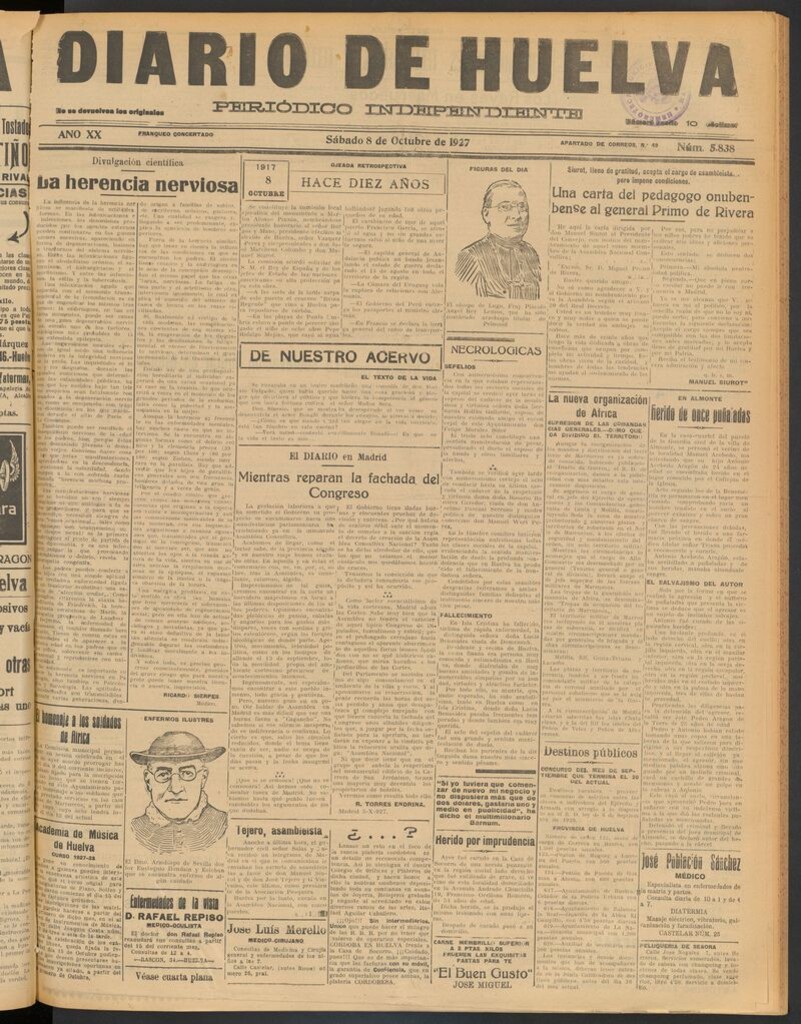 Miniatura de Diario de Huelva : periódico independiente del 8 de octubre de 1927