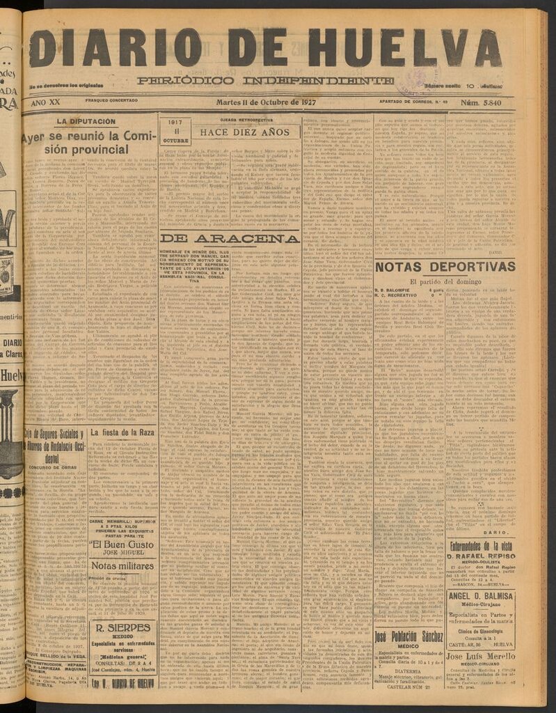 Miniatura de Diario de Huelva : periódico independiente del 11 de octubre de 1927
