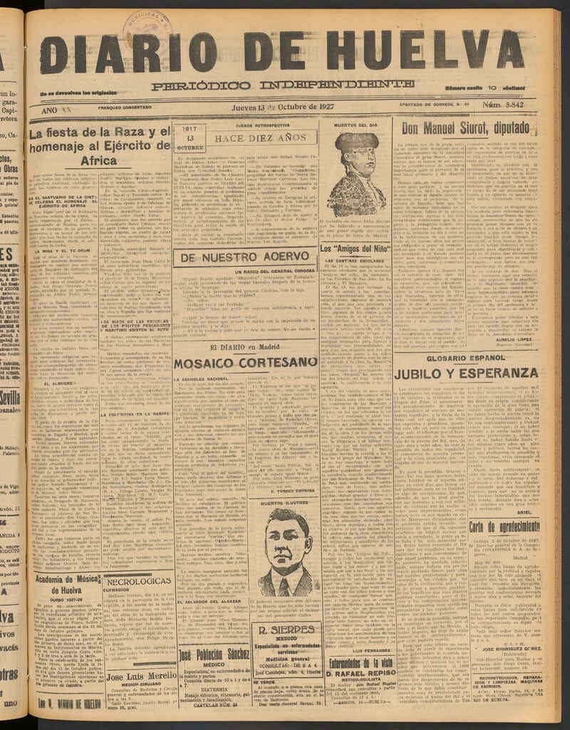Miniatura de Diario de Huelva : periódico independiente del 13 de octubre de 1927