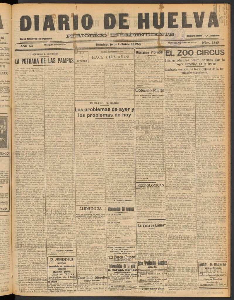 Miniatura de Diario de Huelva : periódico independiente del 16 de octubre de 1927