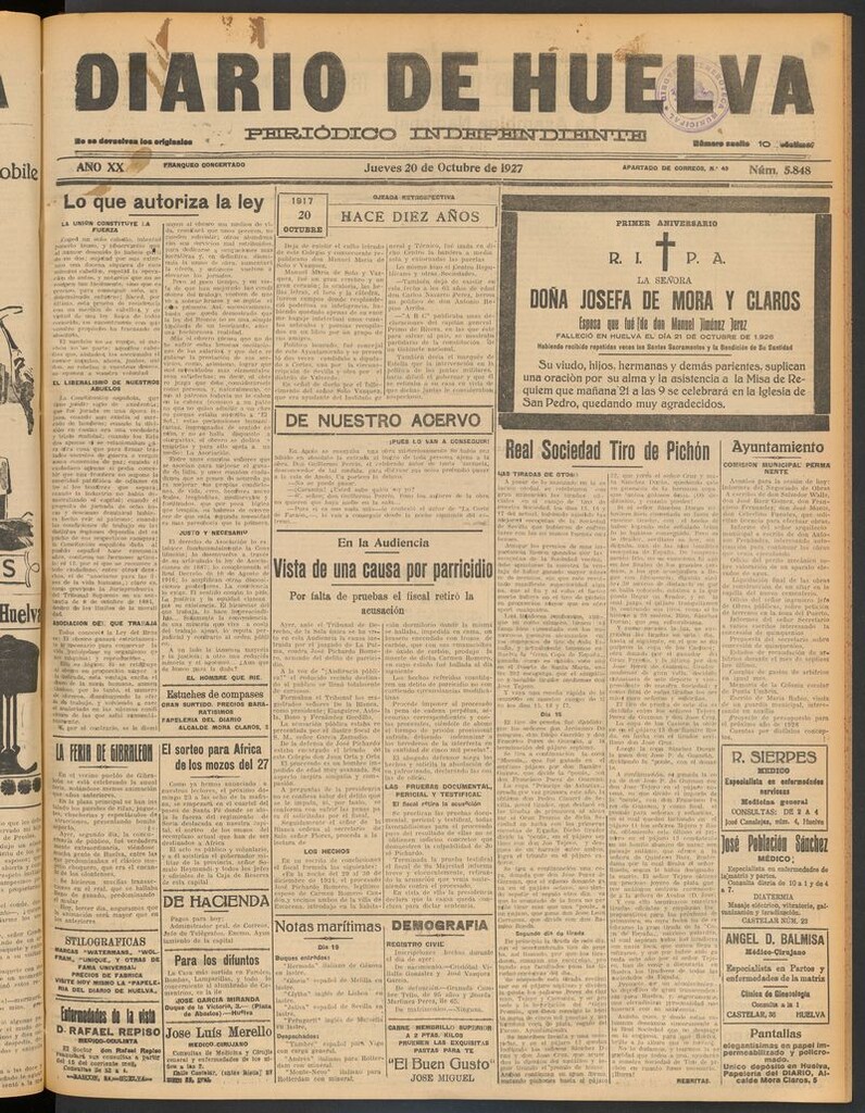 Miniatura de Diario de Huelva : periódico independiente del 20 de octubre de 1927
