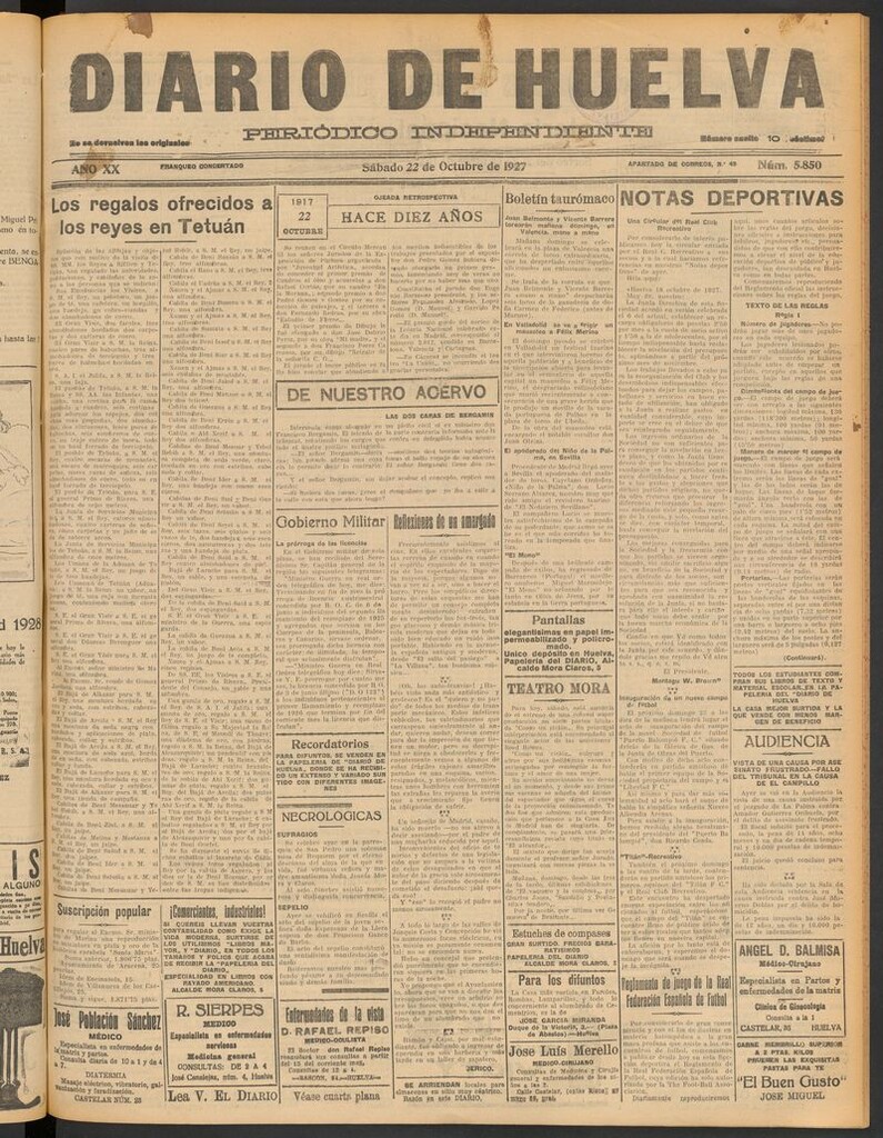 Miniatura de Diario de Huelva : periódico independiente del 22 de octubre de 1927