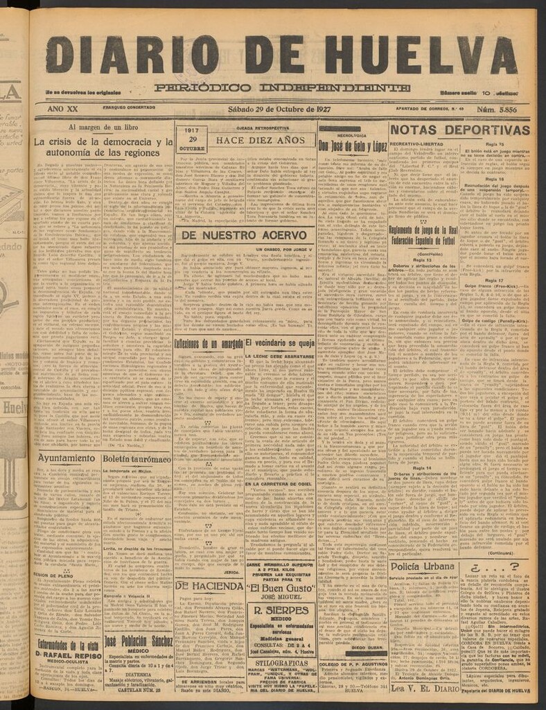 Miniatura de Diario de Huelva : periódico independiente del 29 de octubre de 1927