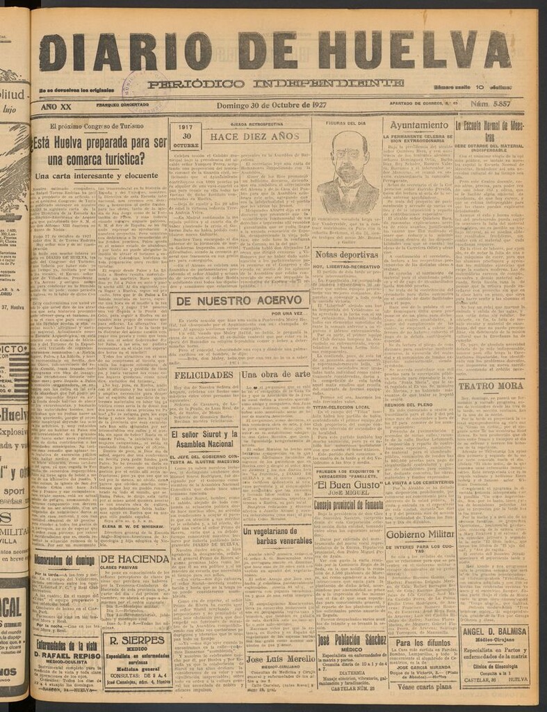 Miniatura de Diario de Huelva : periódico independiente del 30 de octubre de 1927