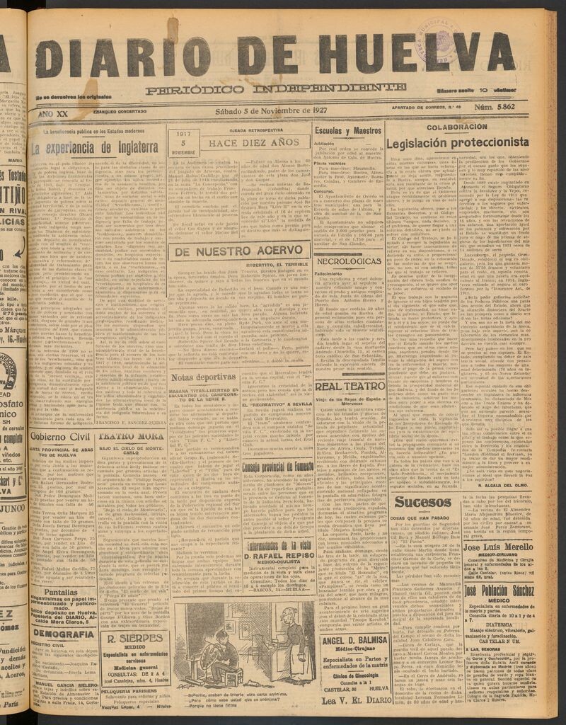 Miniatura de Diario de Huelva : periódico independiente del 5 de noviembre de 1927