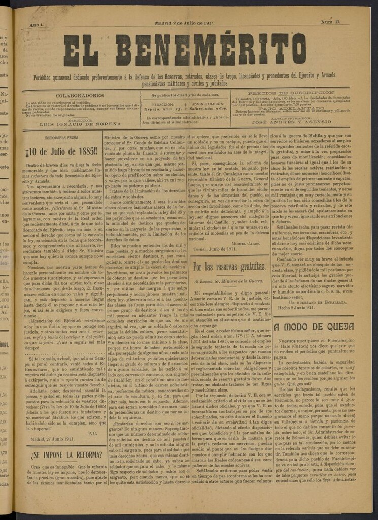 Miniatura de El Benemérito del 2 de julio de 1911