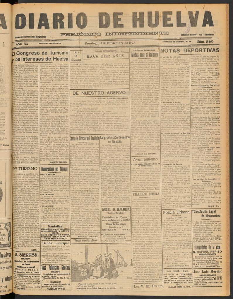 Miniatura de Diario de Huelva : periódico independiente del 13 de noviembre de 1927