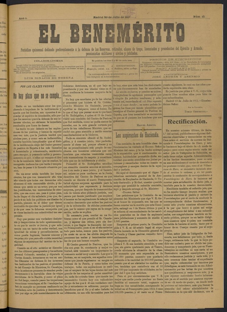 Miniatura de El Benemérito del 20 de julio de 1911