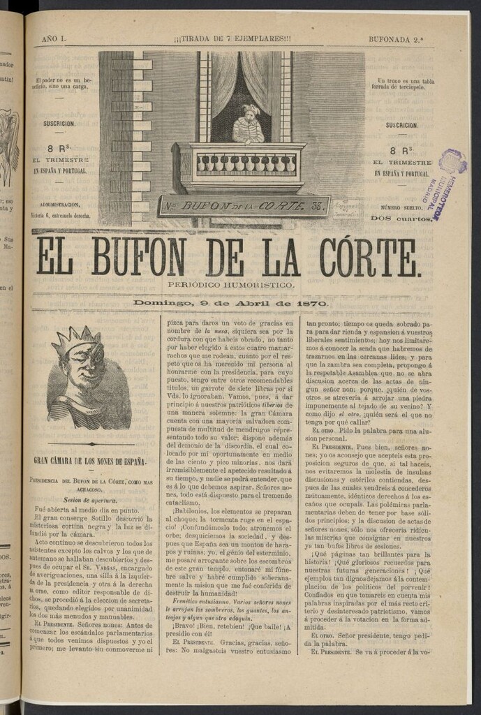 Miniatura de El Bufón de la Corte: periódico humorístico del 9 de abril de 1870