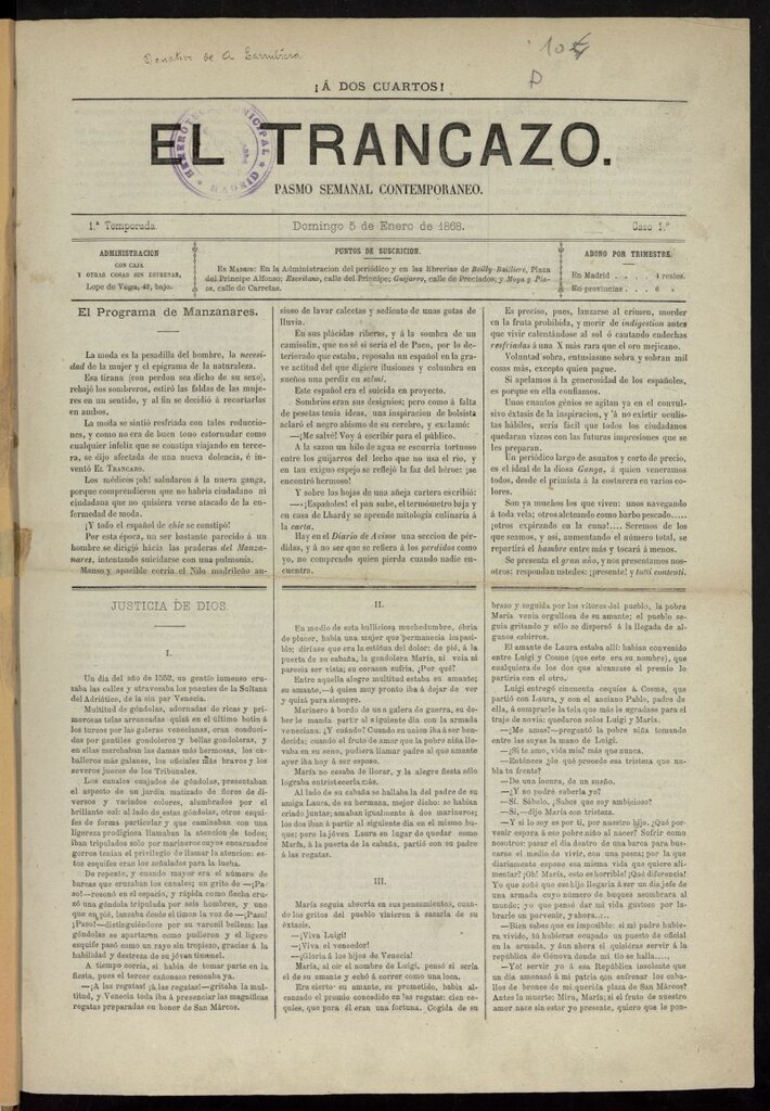 Miniatura de El Trancazo: pasmo semanal contemporáneo del 5 de enero de 1868