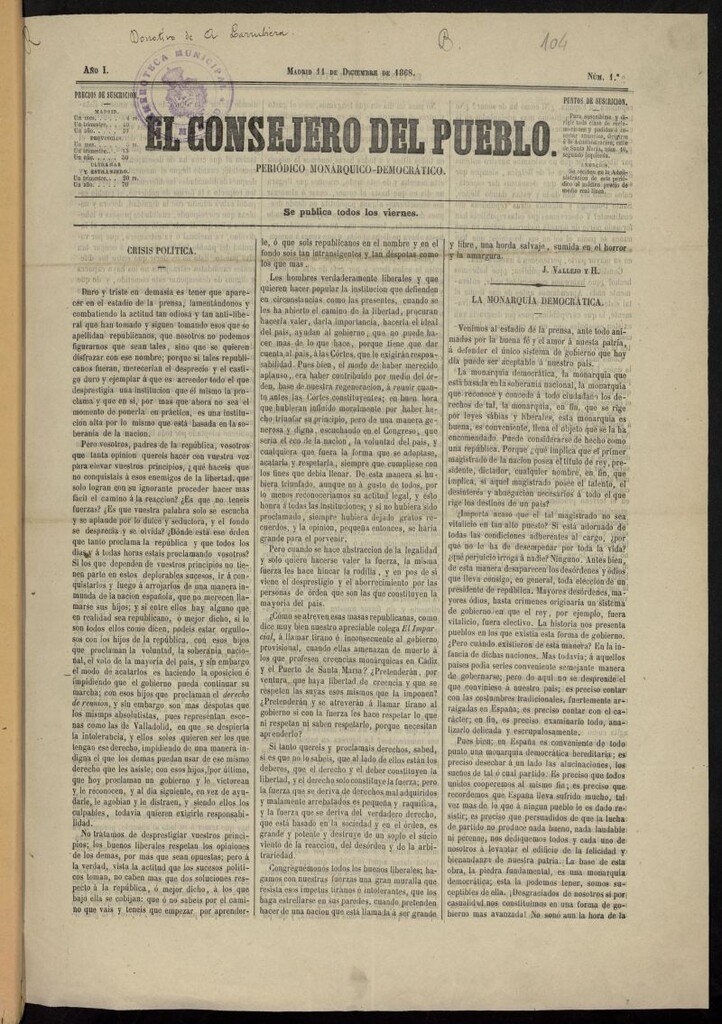 Miniatura de El Consejero del Pueblo: periódico monárquico-democrático del 11 de diciembre de 1868