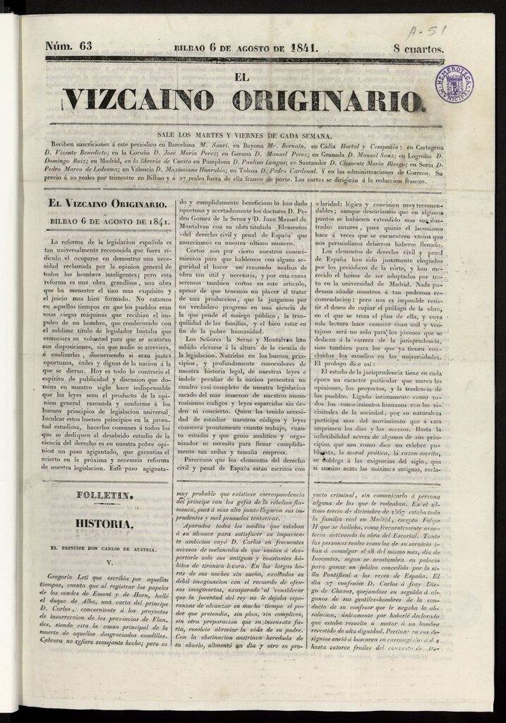 Miniatura de El Vizcaíno Originario del 6 de agosto de 1841