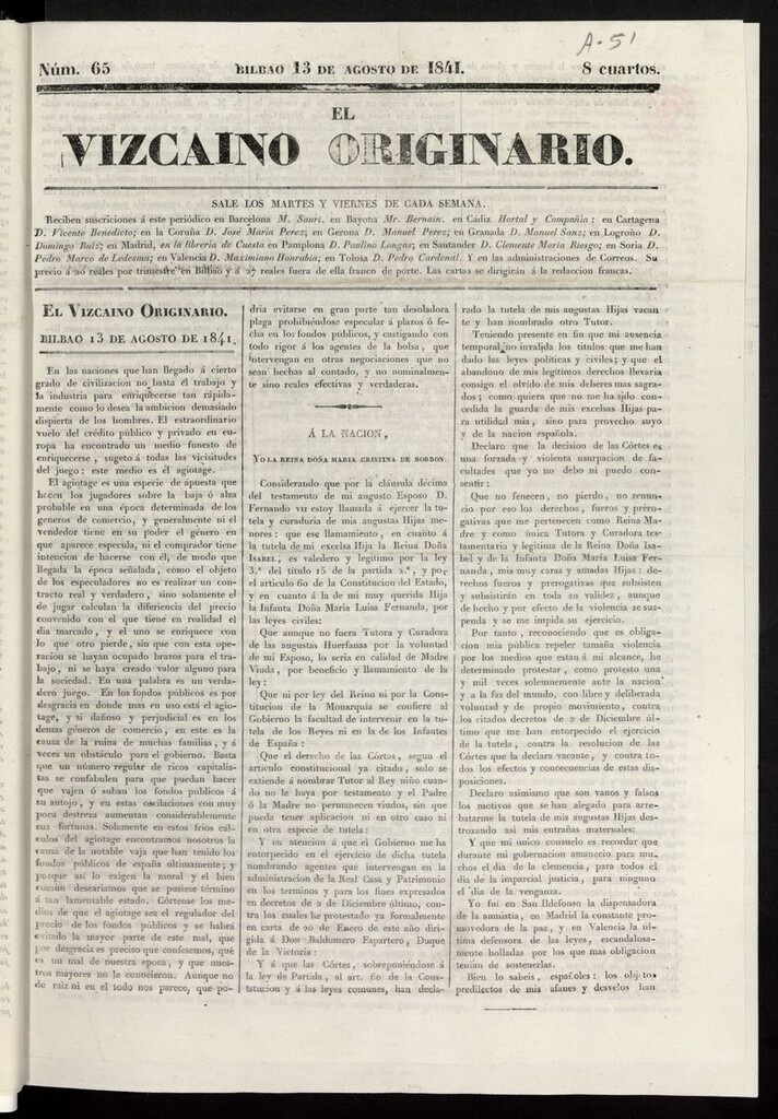 Miniatura de El Vizcaíno Originario del 13 de agosto de 1841