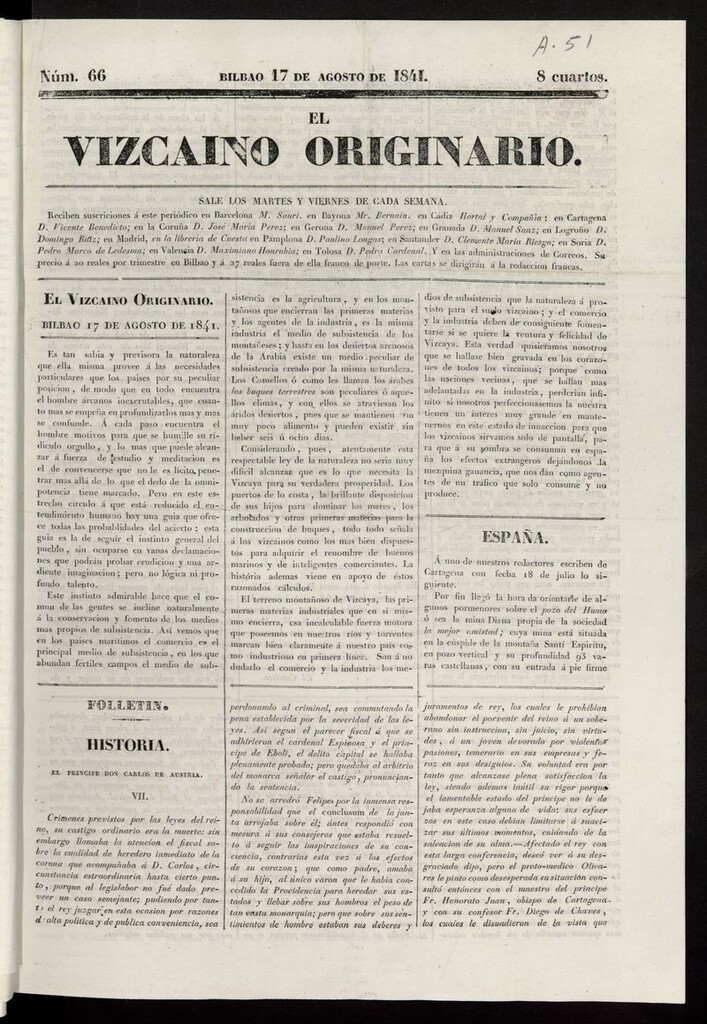 Miniatura de El Vizcaíno Originario del 17 de agosto de 1841