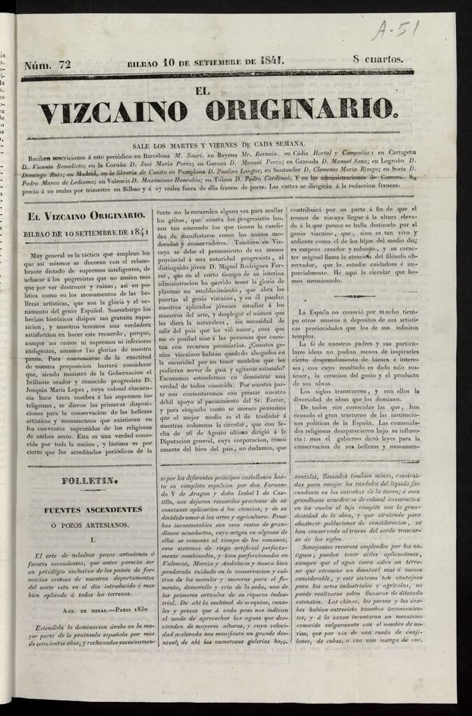 Miniatura de El Vizcaíno Originario del 10 de septiembre de 1841