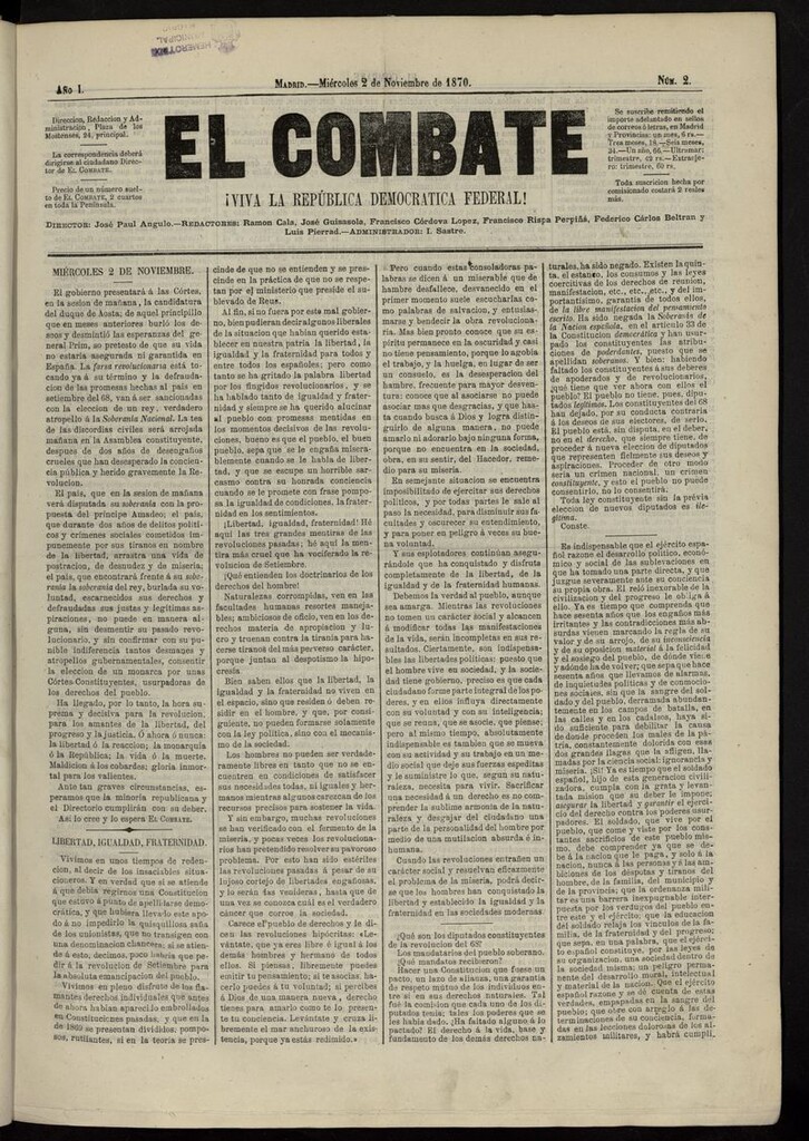 Miniatura de El Combate: ¡Viva la República Democrática Federal! del 2 de noviembre de 1870, nº 2