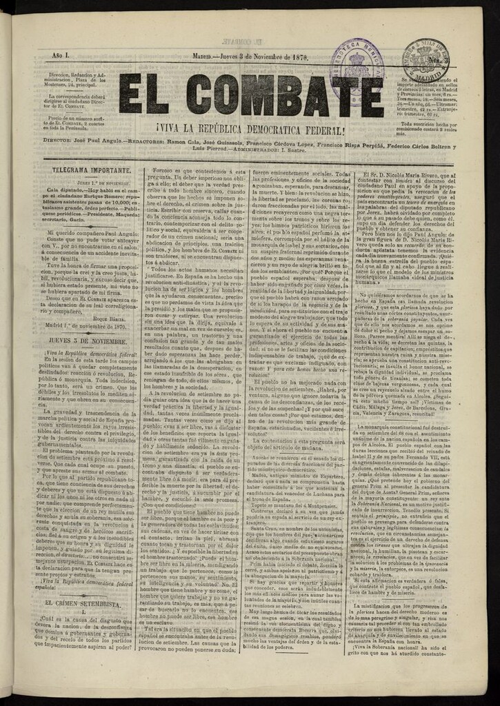 Miniatura de El Combate: ¡Viva la República Democrática Federal! del 3 de noviembre de 1870, nº 3