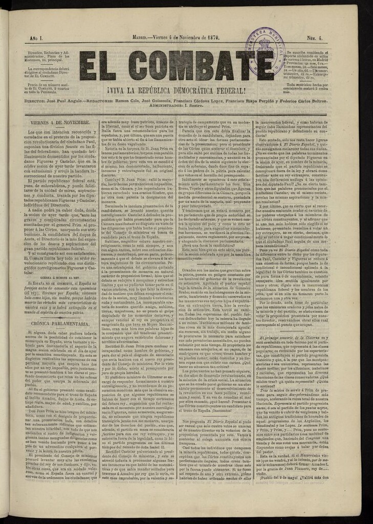 Miniatura de El Combate: ¡Viva la República Democrática Federal! del 4 de noviembre de 1870, nº 4