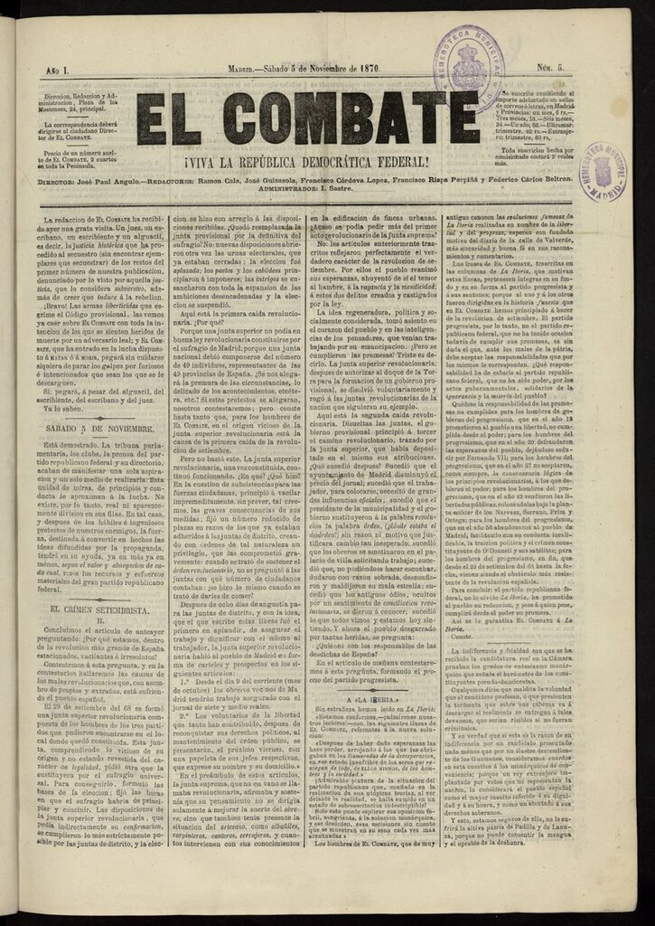Miniatura de El Combate: ¡Viva la República Democrática Federal! del 5 de noviembre de 1870, nº 5