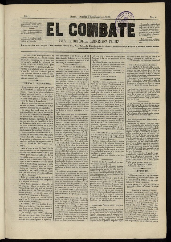 Miniatura de El Combate: ¡Viva la República Democrática Federal! del 6 de noviembre de 1870, nº 6