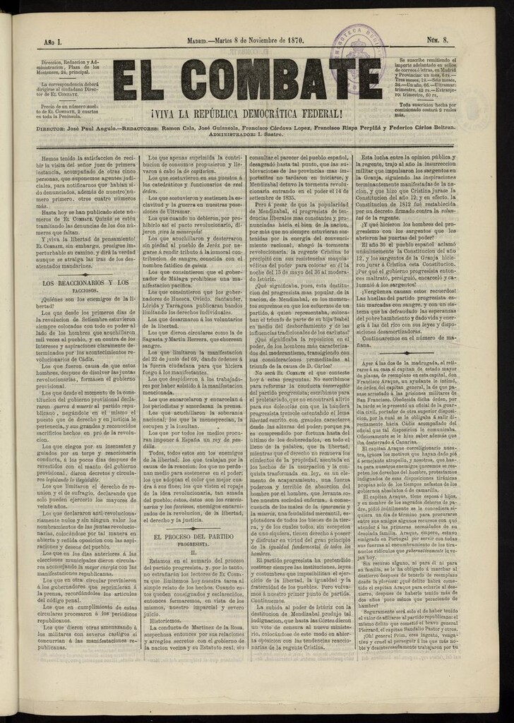 Miniatura de El Combate: ¡Viva la República Democrática Federal! del 8 de noviembre de 1870, nº 8
