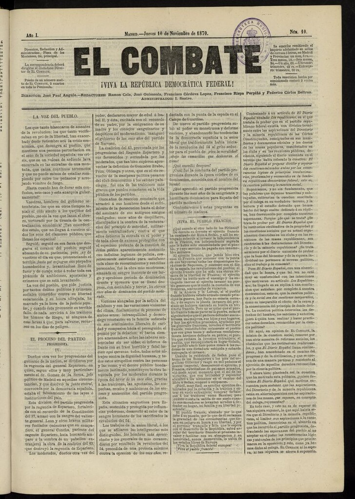 Miniatura de El Combate: ¡Viva la República Democrática Federal! del 10 de noviembre de 1870, nº 10