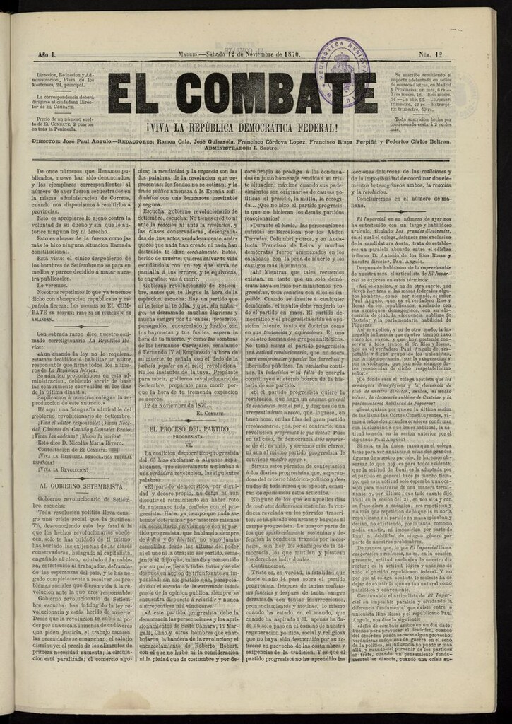 Miniatura de El Combate: ¡Viva la República Democrática Federal! del 12 de noviembre de 1870, nº 12