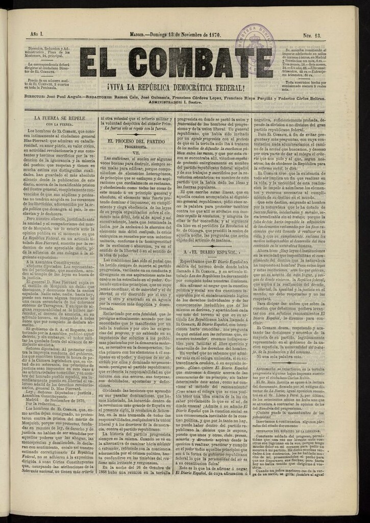 Miniatura de El Combate: ¡Viva la República Democrática Federal! del 13 de noviembre de 1870, nº 13
