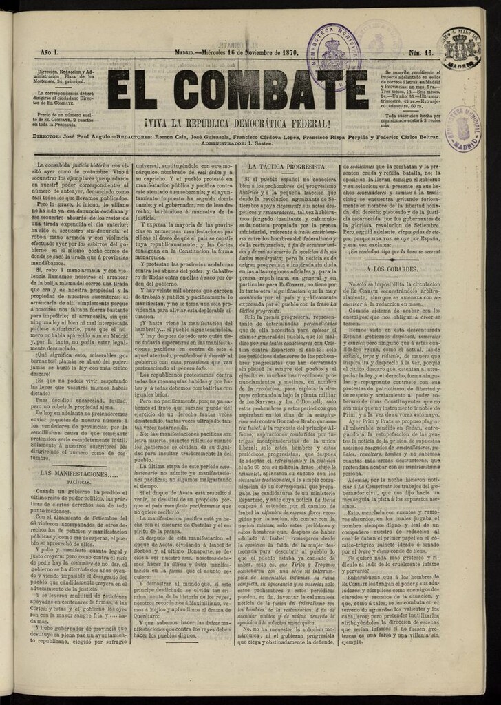 Miniatura de El Combate: ¡Viva la República Democrática Federal! del 16 de noviembre de 1870, nº 16