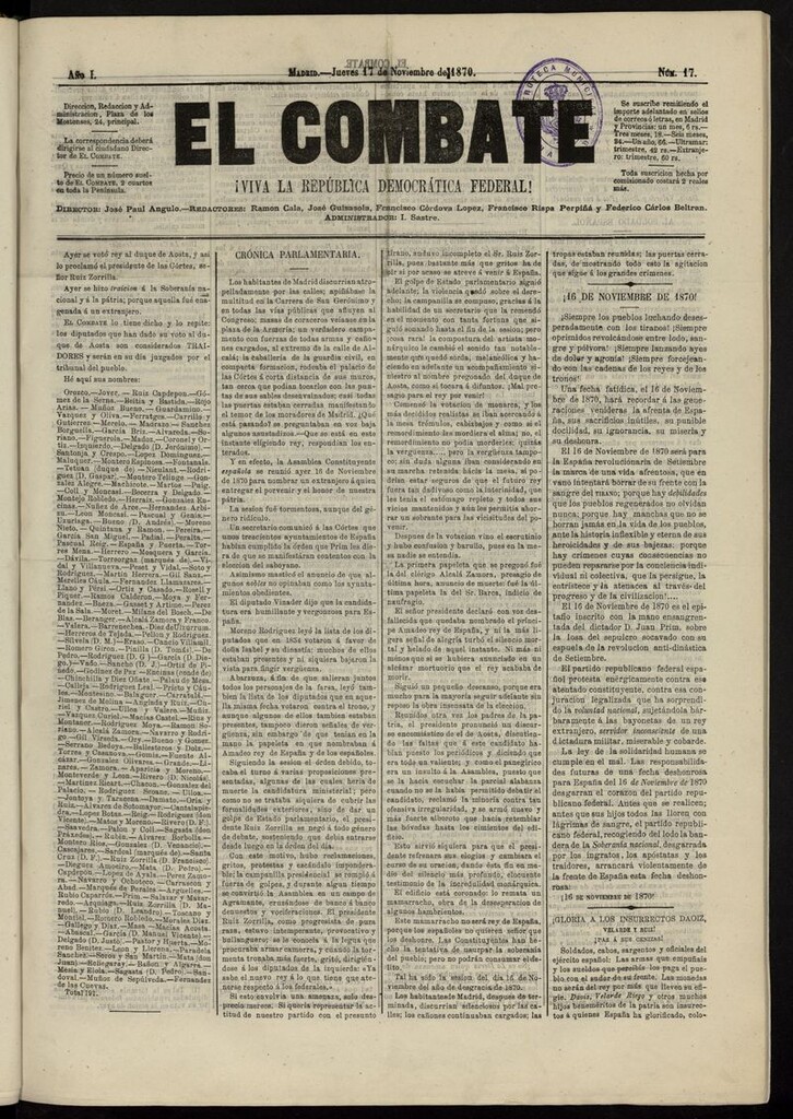 Miniatura de El Combate: ¡Viva la República Democrática Federal! del 17 de noviembre de 1870, nº 17