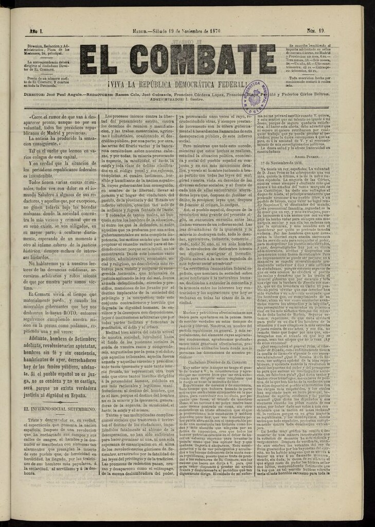 Miniatura de El Combate: ¡Viva la República Democrática Federal! del 19 de noviembre de 1870, nº 19
