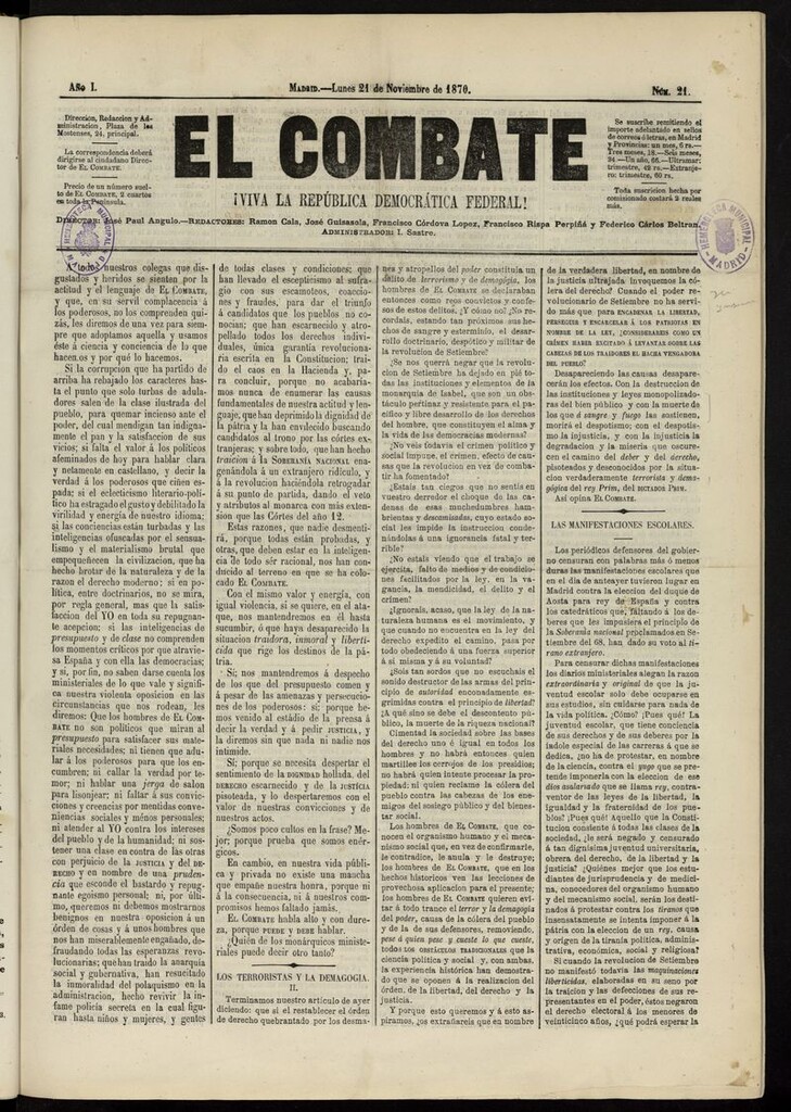 Miniatura de El Combate: ¡Viva la República Democrática Federal! del 21 de noviembre de 1870, nº 21